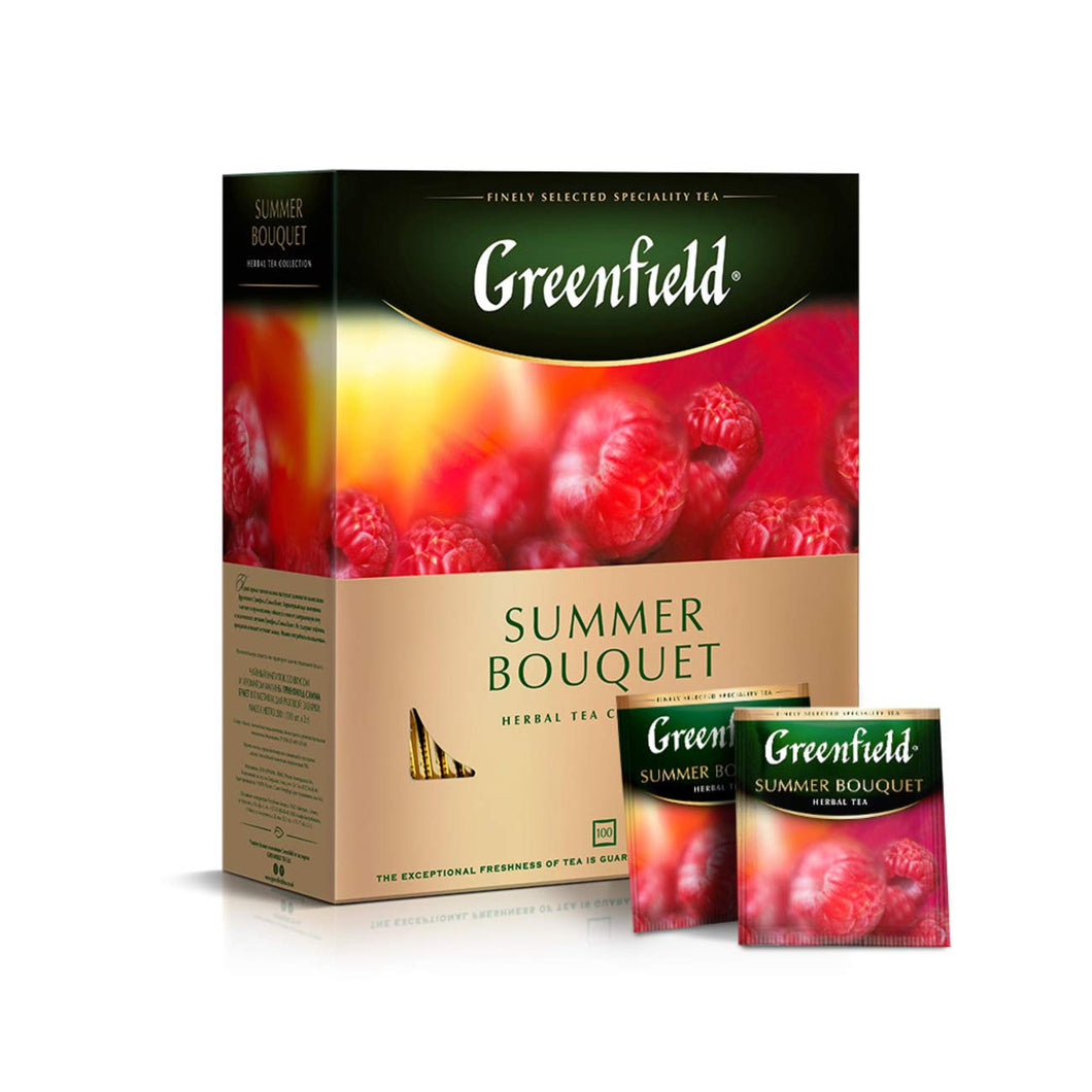 Greenfield Summer Bouquet Herbal Tea 100 Double Chamber Teabags With Tags in Foil Sachets